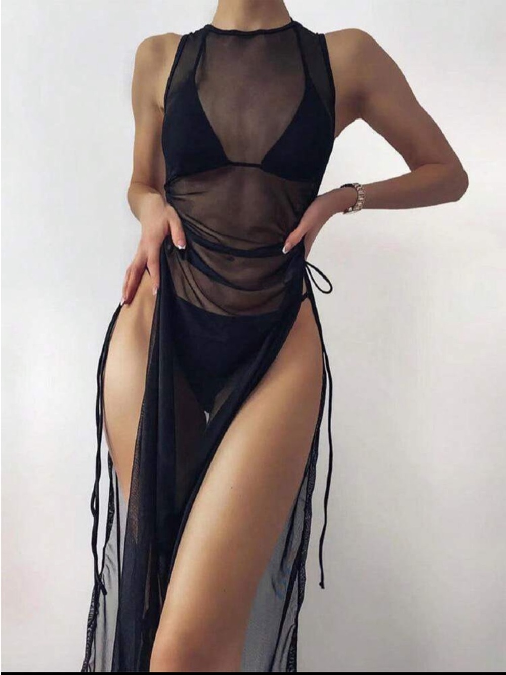 Sexy Sheer Mesh Black High-Slit Mesh Ruched Ruched Cover-Up Swimsuit